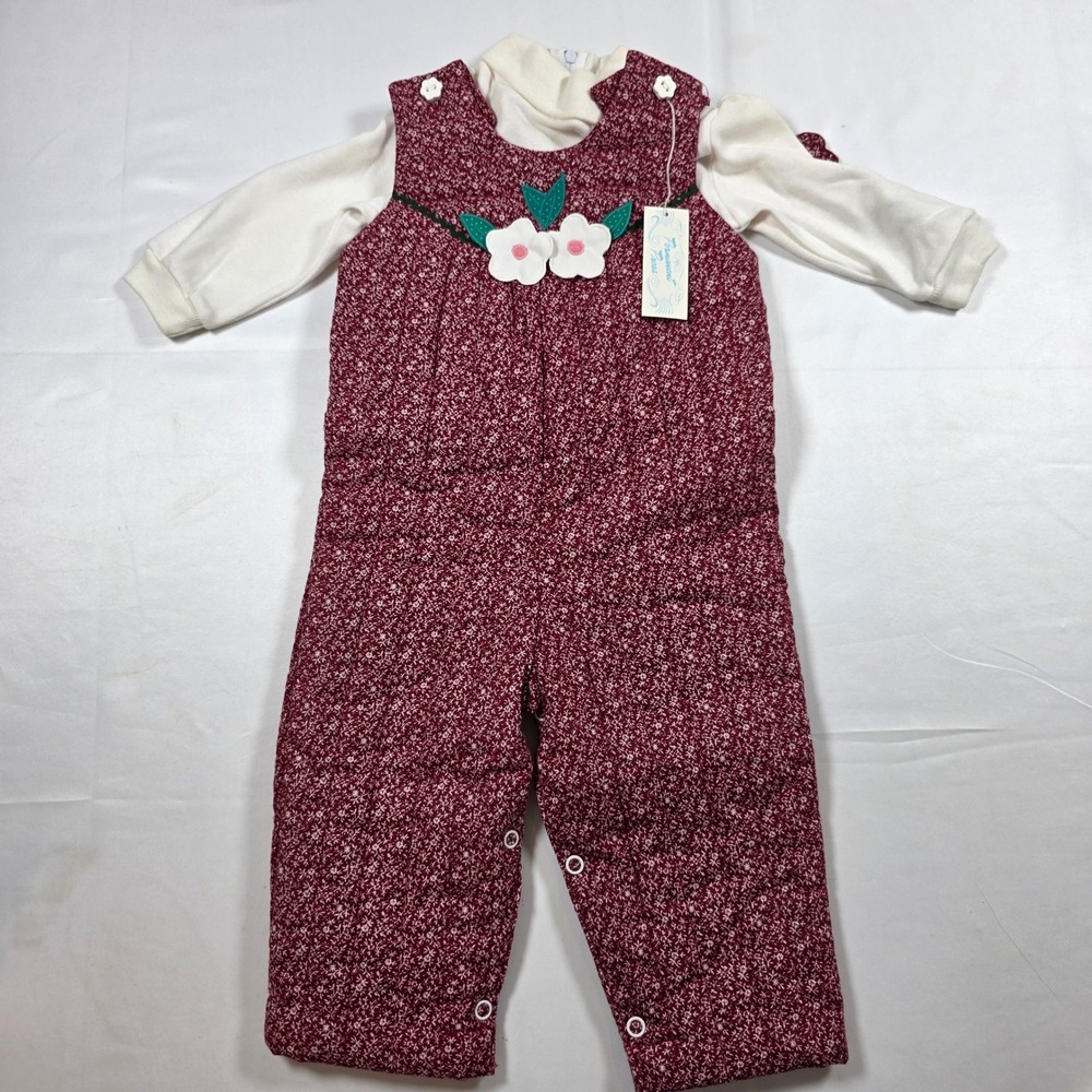 Vintage Baby Togs Baby Girl Burgundy Quilted Floral Jumper Set 12 Mo Cottagecore